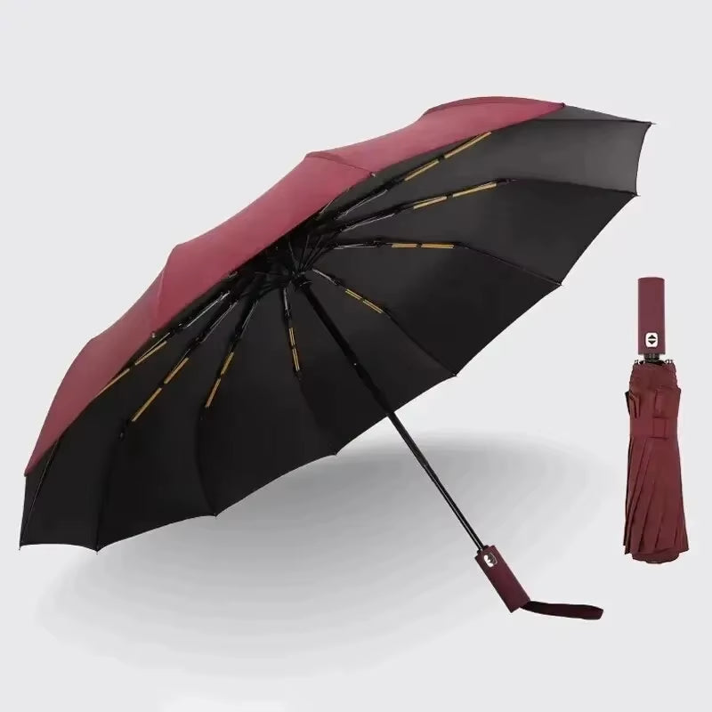 12 Bone Black Glue Fully Automatic Umbrella - Thick Durable Three-Fold UV Resistant Folding Design for Protection and Style