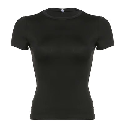 Basic Solid Crop Top Short Sleeve Crewneck Skinny T-Shirt Summer Casual Tee for Women Y2K Vintage Top Harajuku Streetwear