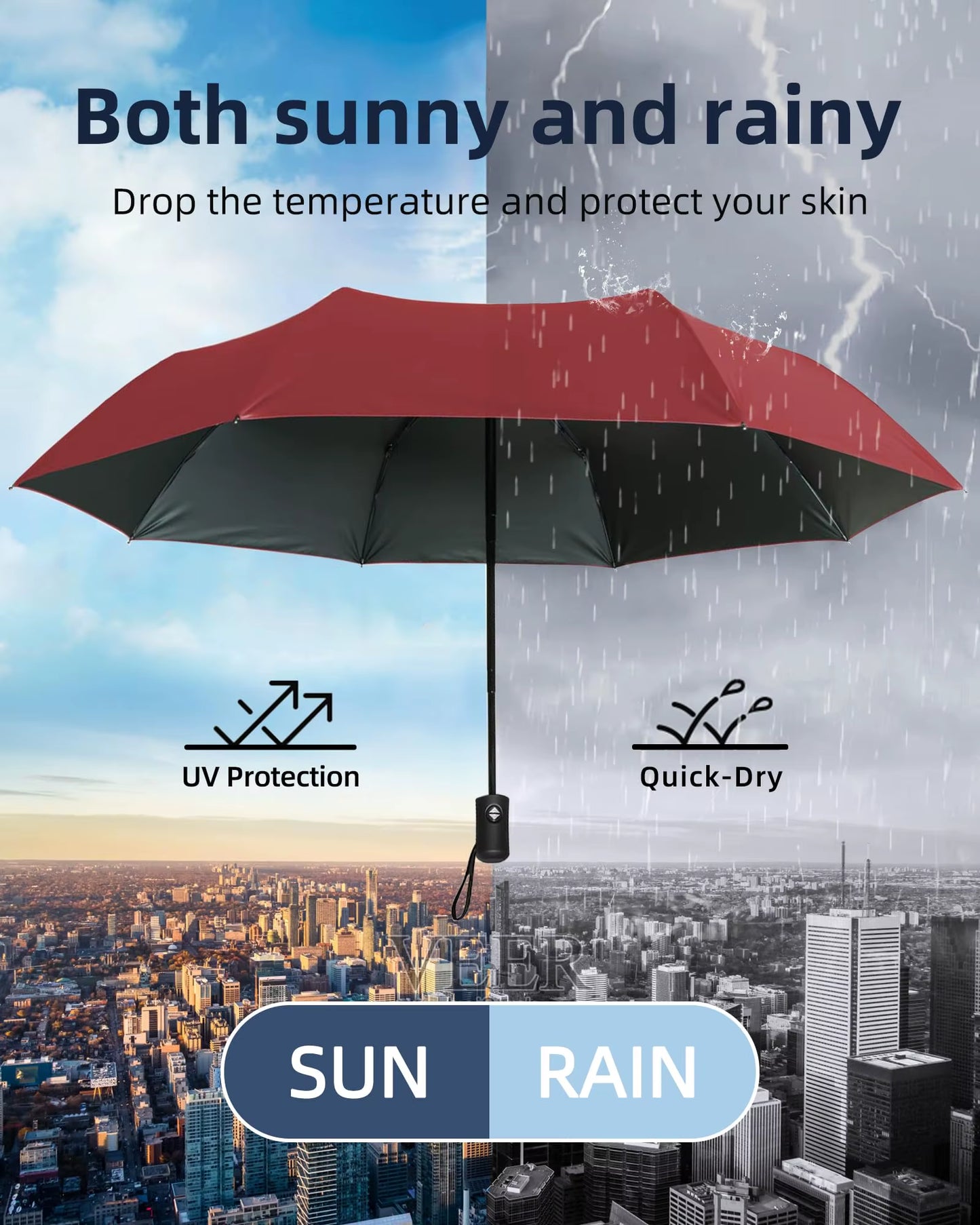 12 Bone Black Glue Fully Automatic Umbrella - Thick Durable Three-Fold UV Resistant Folding Design for Protection and Style